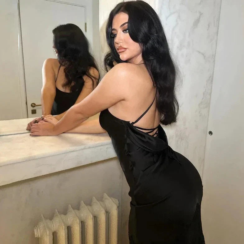 Lace Satin Spliced Sleeveless Split Backless  Dress