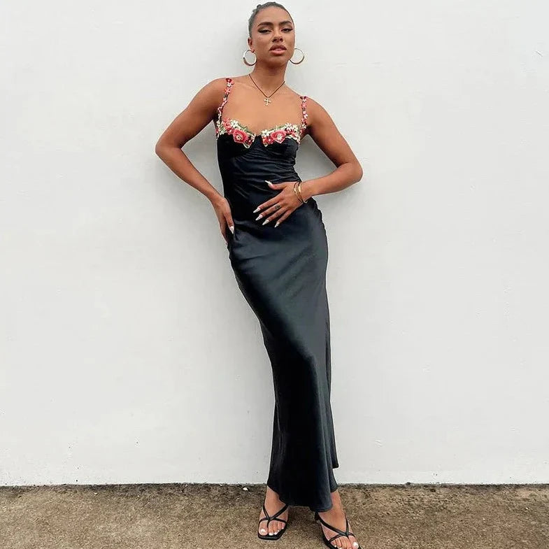 Floral Embroidery Satin Bodycon Long Dresses