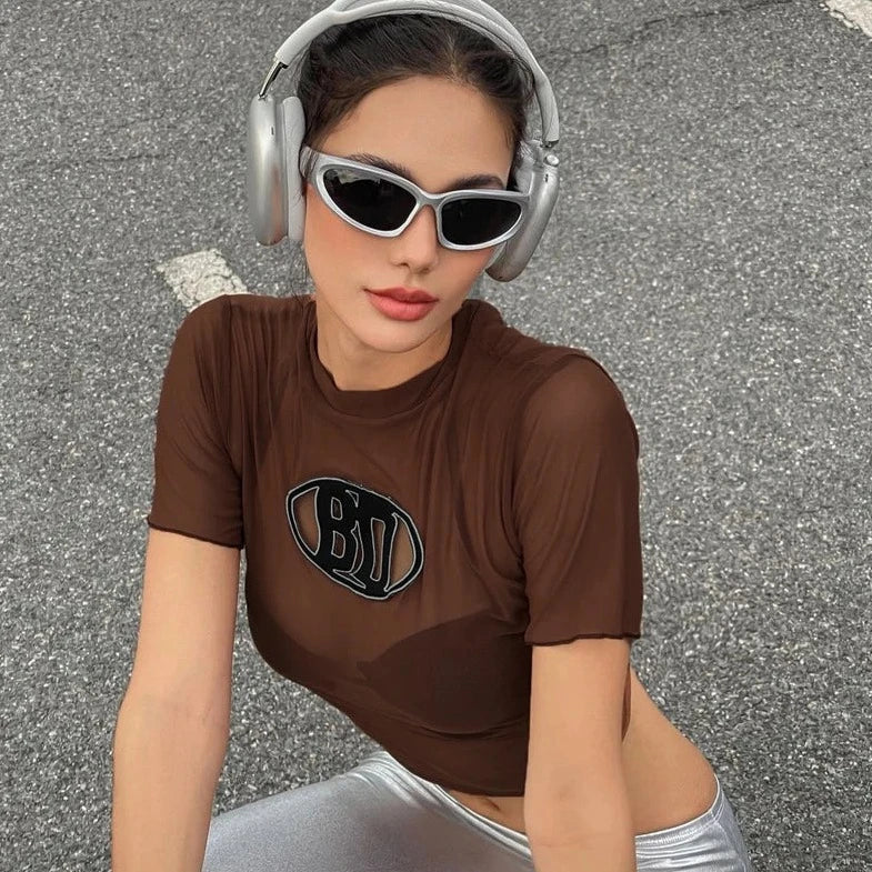 Short Sleeve See- Through Crop Top