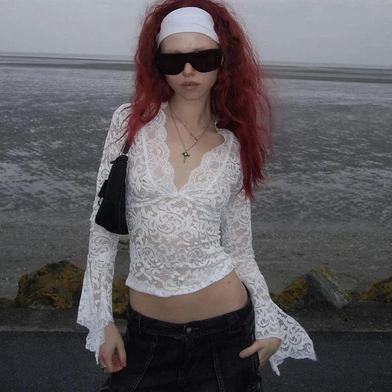 Lace See- Though Long Sleeve V- Neck Top
