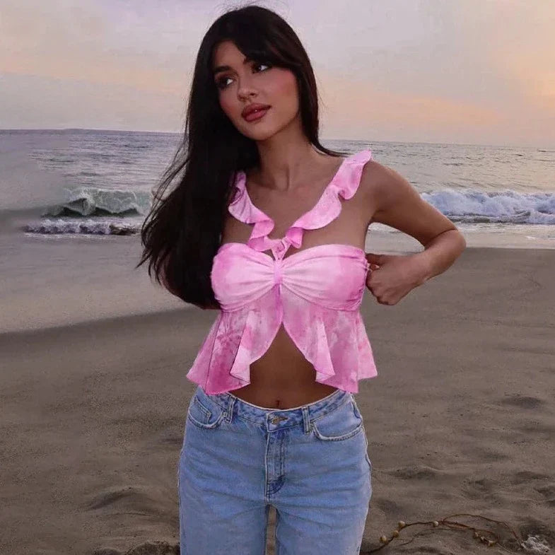 Pink Sleeveless Ruffle Crop Top