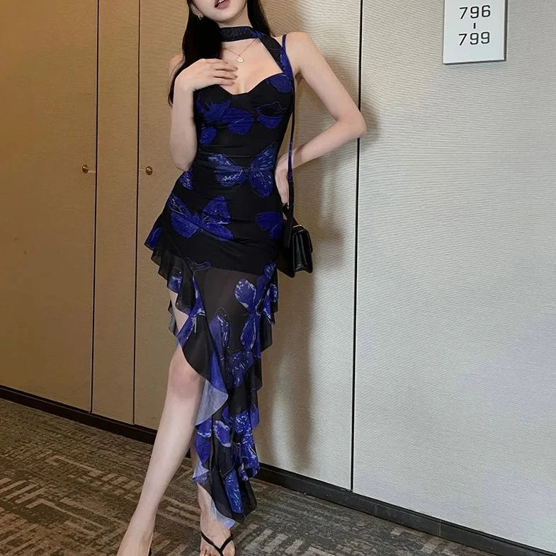 Floral Printed Side Slit Ruffle Dress