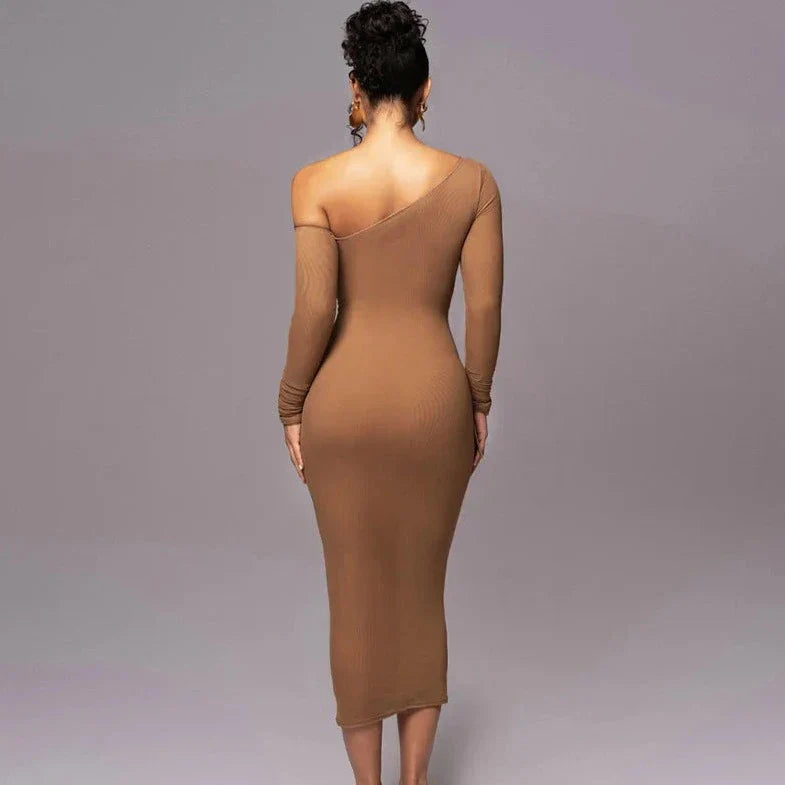 Long Sleeve One Shoulder Off Bodycon Dress