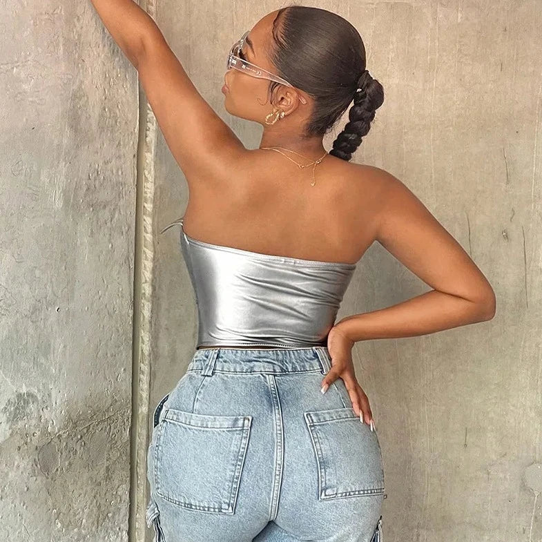 PU Leather Metallic Tube Corset Top