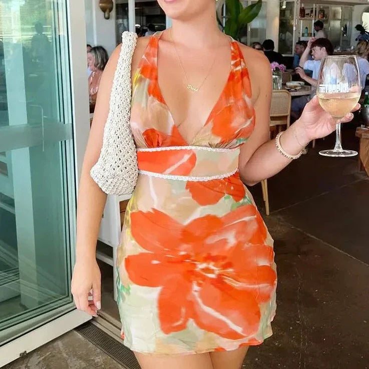 Floral Printed V-Neck Sleeveless Mini Dress