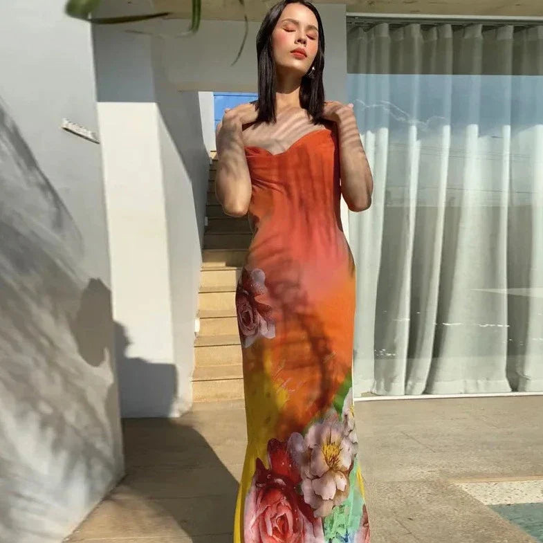Floral Print Sleeveless Ruched Backless Dresses