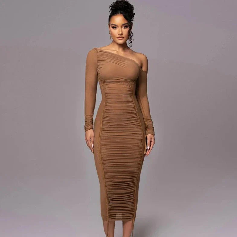 Long Sleeve One Shoulder Off Bodycon Dress