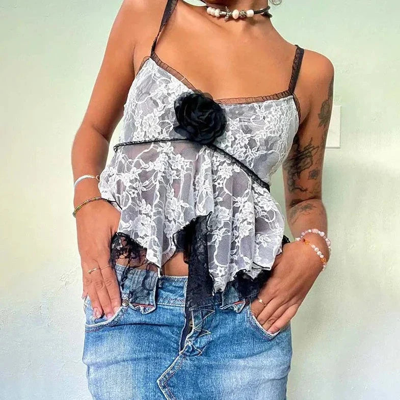 Lace Ruffle Flowered Crop Top