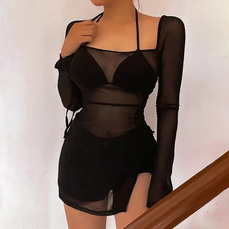 Tie Up Halter Neck Semi Sheer Mini Dress