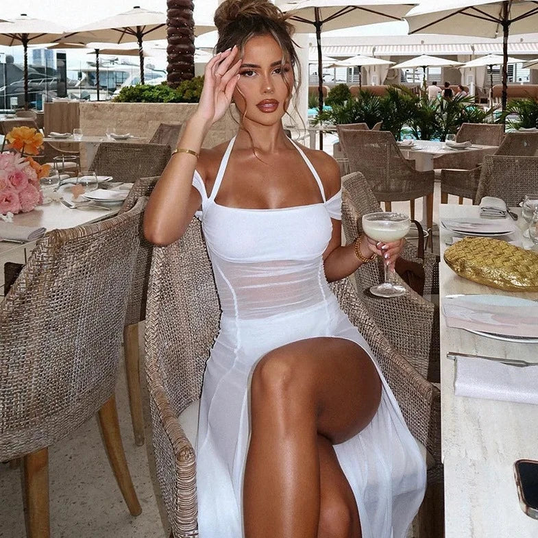See- Through Halter Neck Slit Cut Beach Dress