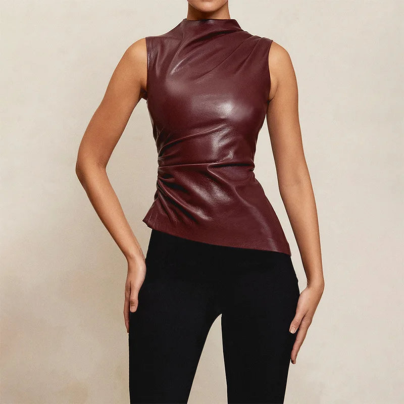 PU Leather Turtle Neck Sleeveless Top