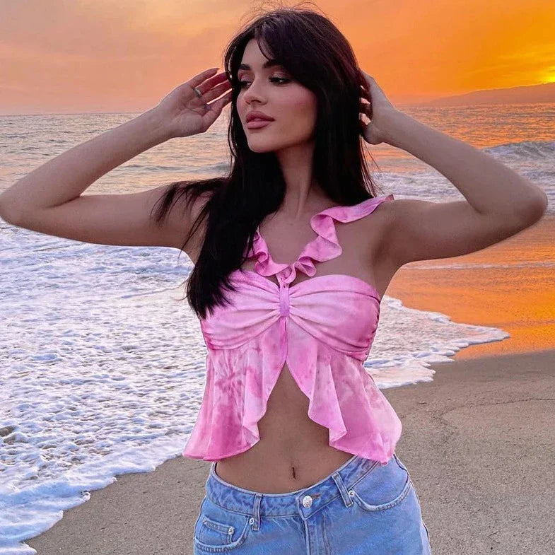 Pink Sleeveless Ruffle Crop Top