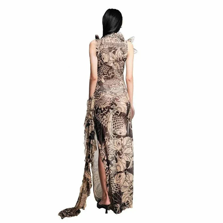 Printed Sleeveless Flowered Slit Dress