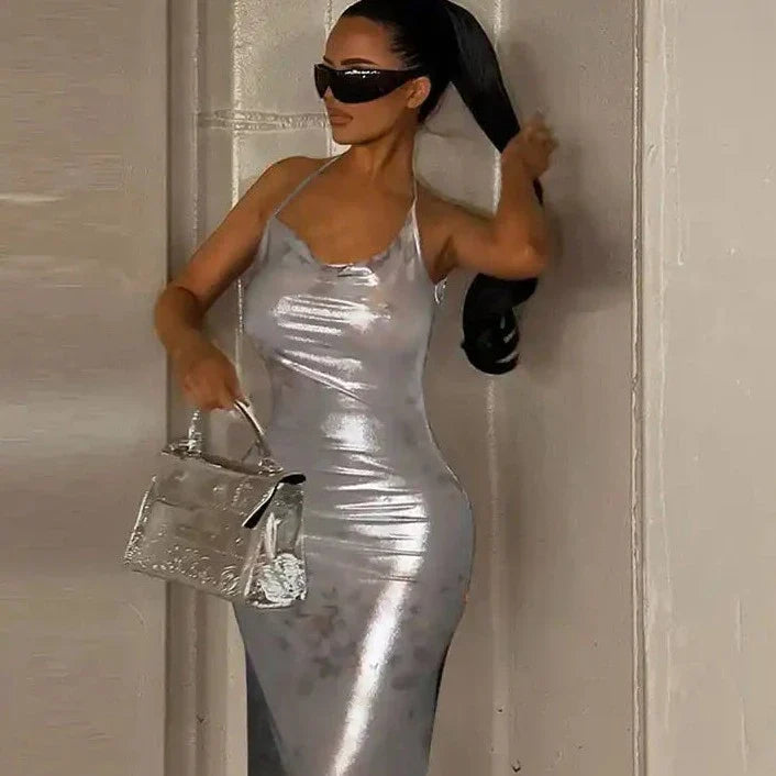 Shimmery Sleeveless Long Bodycon Dress