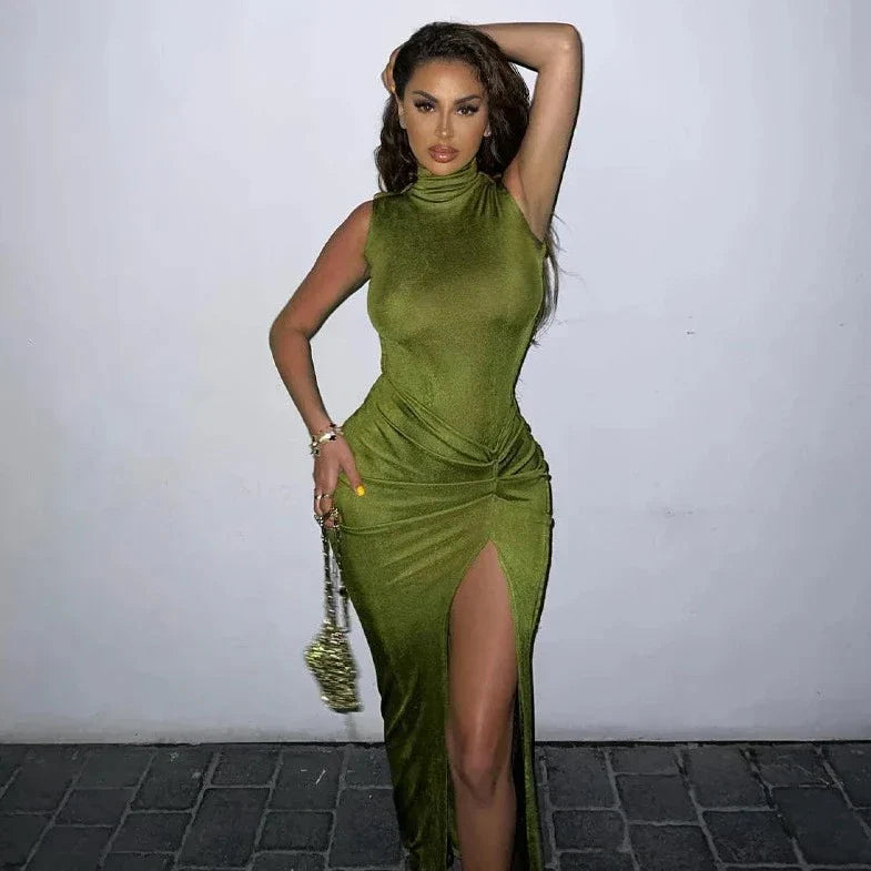 Green Long Sleeve Turtle Neck Long Dress