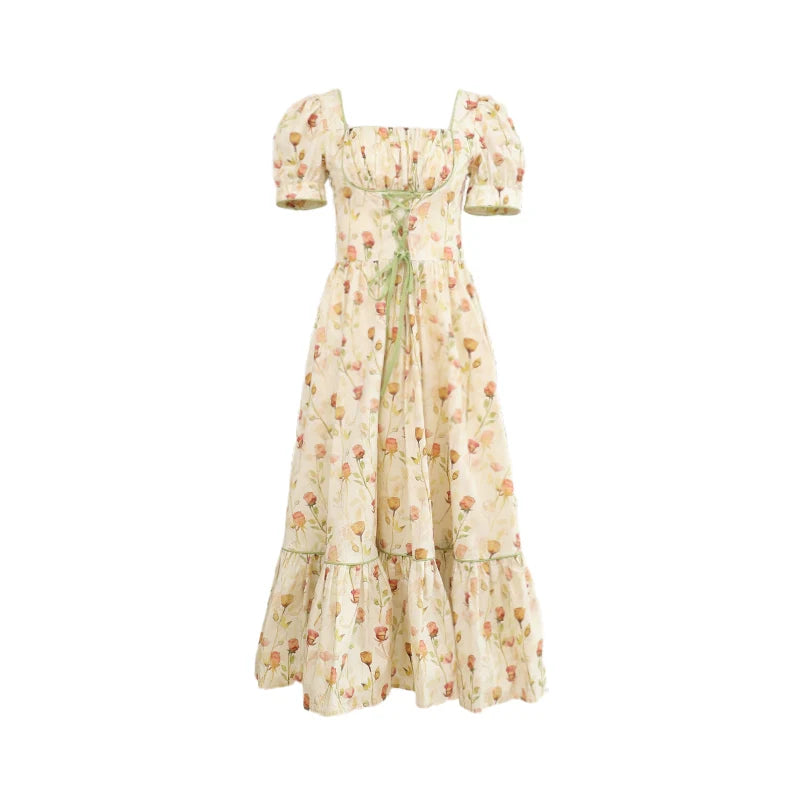 Spring Wild Poetry Cotton Lace-Up Slim Dress
