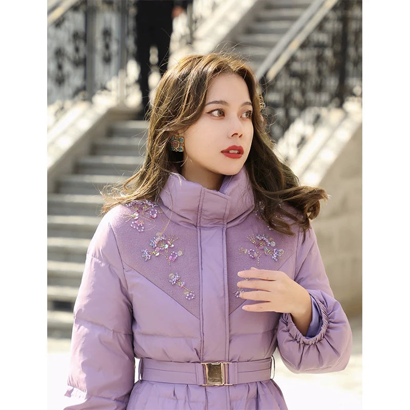Mist Forest Wool Tweed Beaded Collar Down Jacket