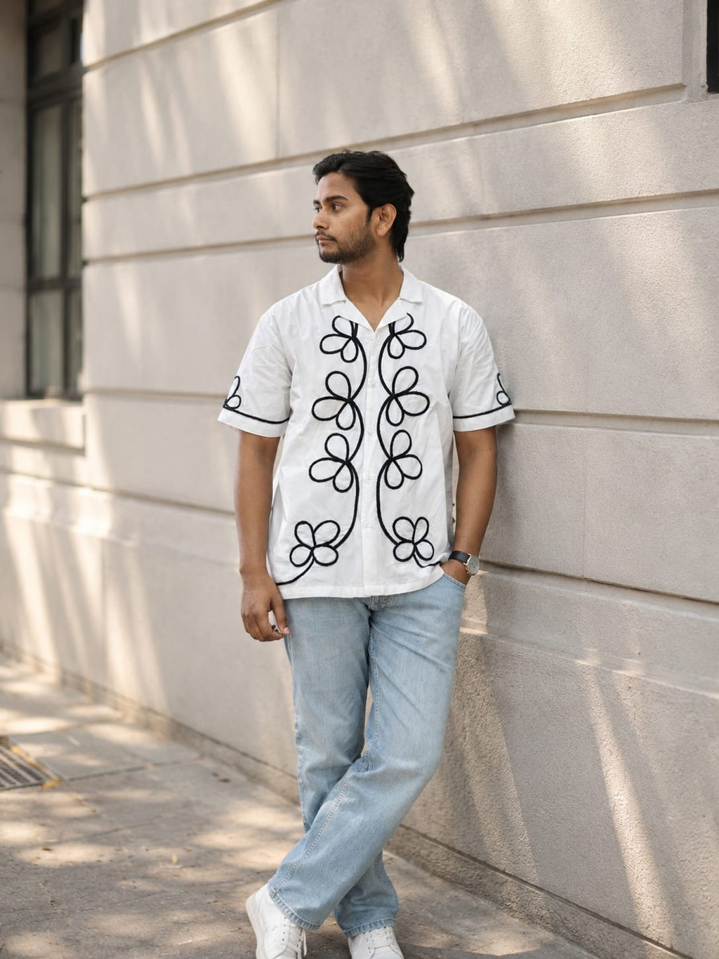 Monochrome Bloom Embroidered Resort Shirt