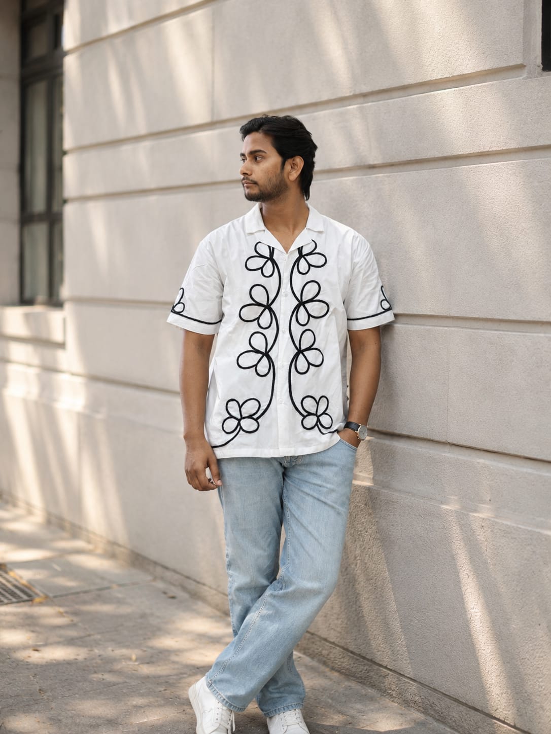 Monochrome Bloom Embroidered Resort Shirt