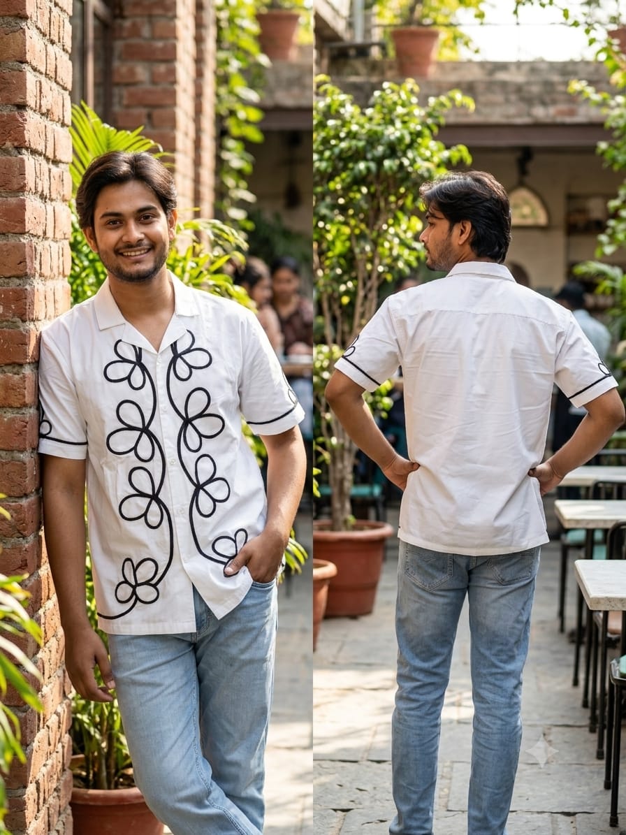 Monochrome Bloom Embroidered Resort Shirt