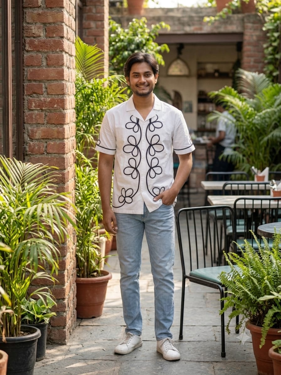 Monochrome Bloom Embroidered Resort Shirt
