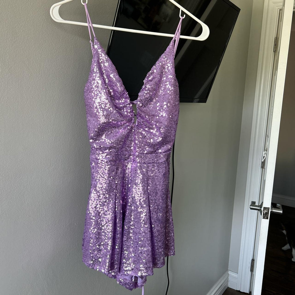 Sequin V-Neck Sleeveless Lace-Up Back Short Party Dress